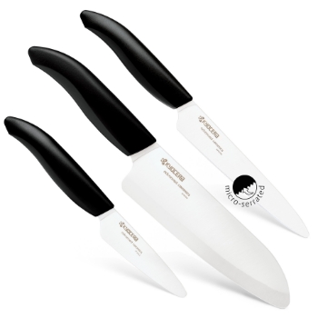 Picture of Revolution 3 Piece Ceramic Knife Set - 6" Chef's, 5" Micro Serrated Tomato and 3" Paring -Black/White
